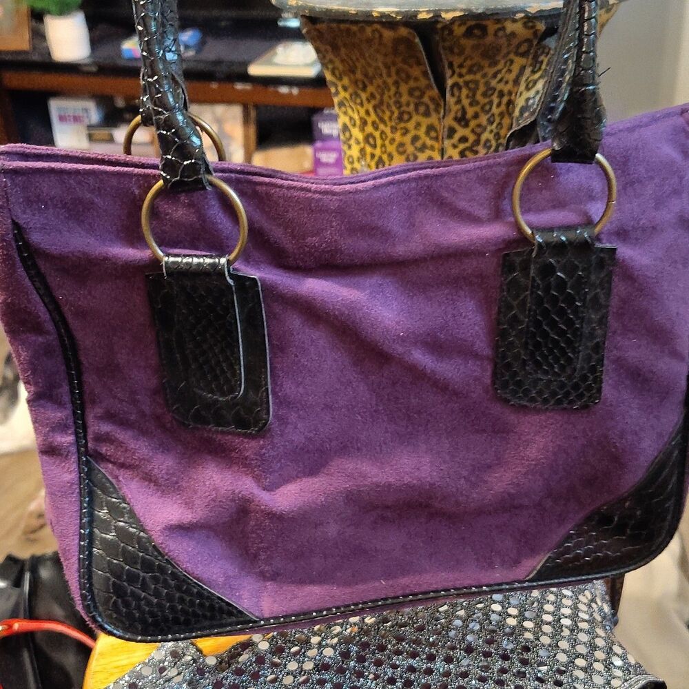 Bijoux Terner Purple Black Tote Bag Zip Closure Double Handles Buckle Gold